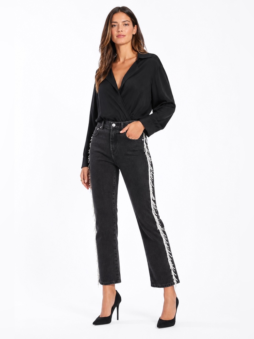 Milly Gineen faux pearl fringe jeans